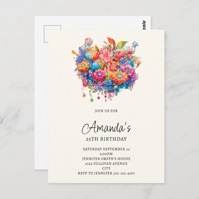 Summer Flower Bouquet Birthday Invitation Postcard (Front/Back)