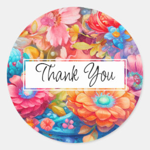 Summer Flower Bouquet Whimsical Boho Thank You Classic Round Sticker
