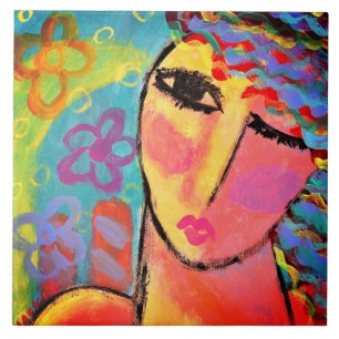 Summer Flowers Abstract Portrait of a Woman Tile