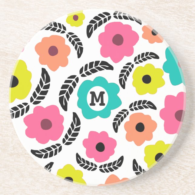 Summer Flowers and Black Leaf Coaster (Front)