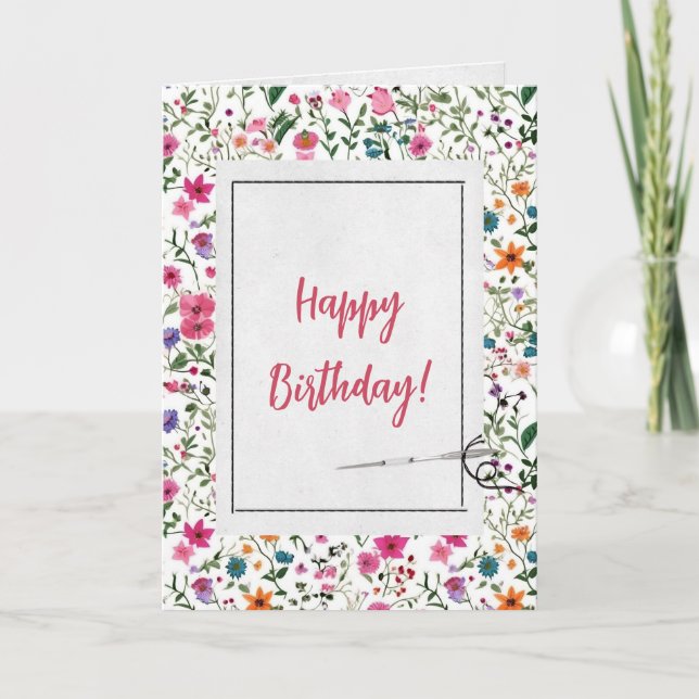 Summer Flowers and Needle Birthday  Card (Front)