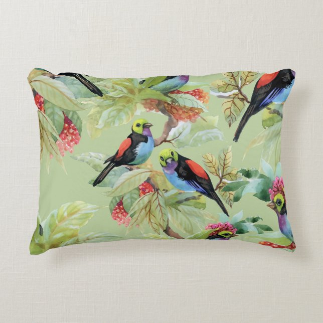 Summer Flowers Birds: Tropical Pattern Decorative Cushion (Front)