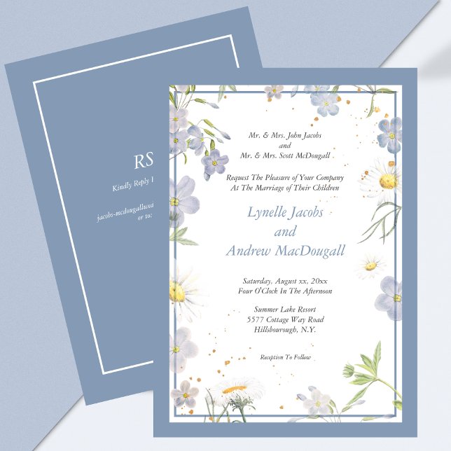 Summer Flowers Blue Wedding with RSVP Invitation (Summer Flowers Blue Wedding with RSVP Invitation)