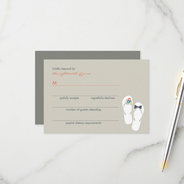 Summer Flowers Bride & Groom Flip Flops Wedding RSVP Card (Front/Back In Situ)