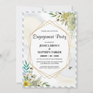 Summer Flowers Golden Frame Engagement  Invitation