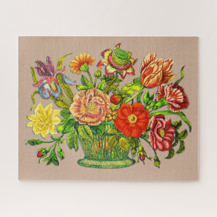 Summer Flowers in a Basket, Beige Background Jigsaw Puzzle