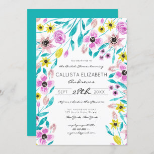 Summer Flowers Leaves Watercolor Bridal Shower Invitation