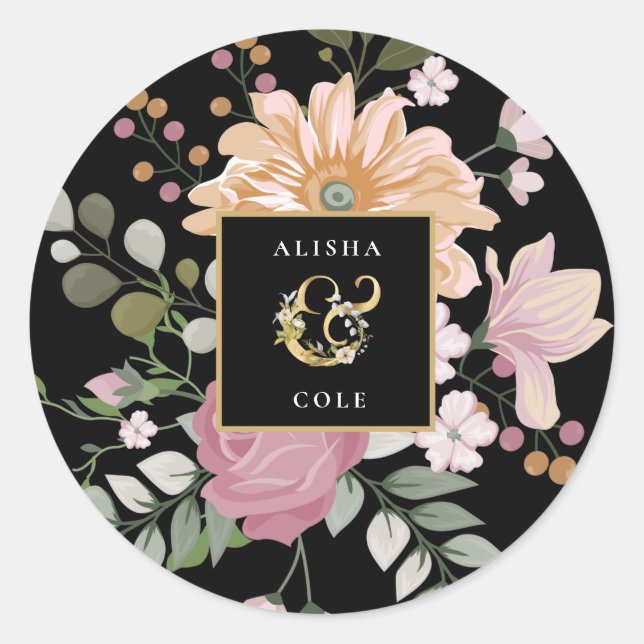 Summer Flowers on Black Wedding Classic Round Sticker (Front)