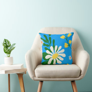 Summer Flowers On Blue Cushion