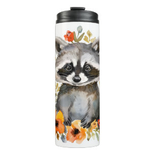 Summer Flowers Racoon Watercolor Thermal Tumbler