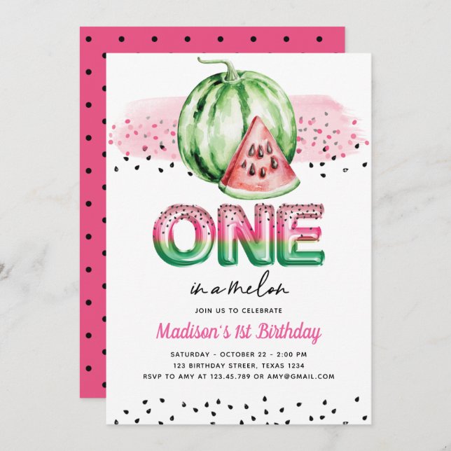 Summer Foil Balloon Letters Melon First Birthday Invitation (Front/Back)