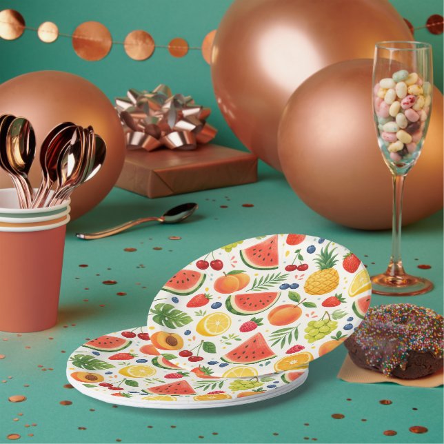 Summer Fruit Pattern Fabric | Tropical Watermelon  Paper Plate (Multi)