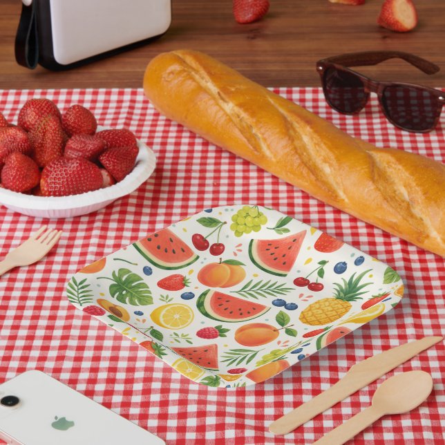 Summer Fruit Pattern Fabric | Tropical Watermelon  Paper Plate (Picnic)