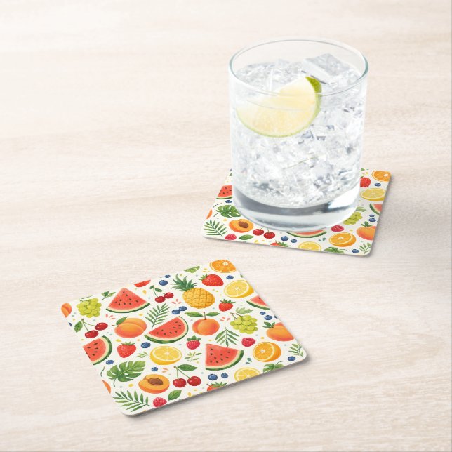 Summer Fruit Pattern Fabric | Tropical Watermelon  Square Paper Coaster (Insitu)