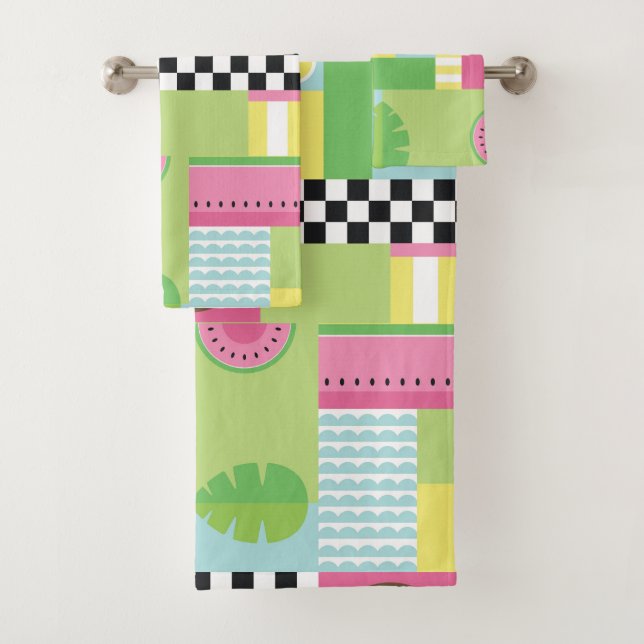 Summer fruit watermelon kiwi colourful mosaic bath towel set (Insitu)