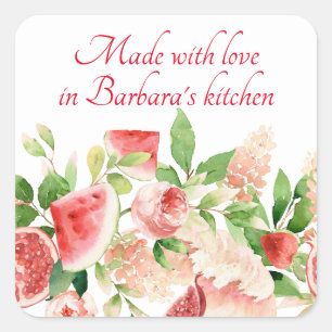 Summer Fruits and Flowers Pink Watercolor Square Sticker