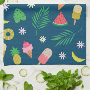 Summer Fruits and Ice Cream with Tropical Leaves Tea Towel