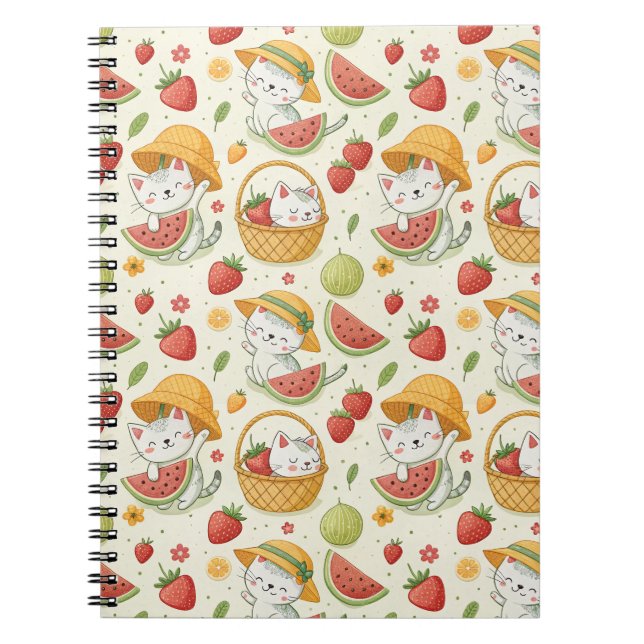 Summer Fruits Cat Pattern - Picnic Design for Kids Notebook (Front)