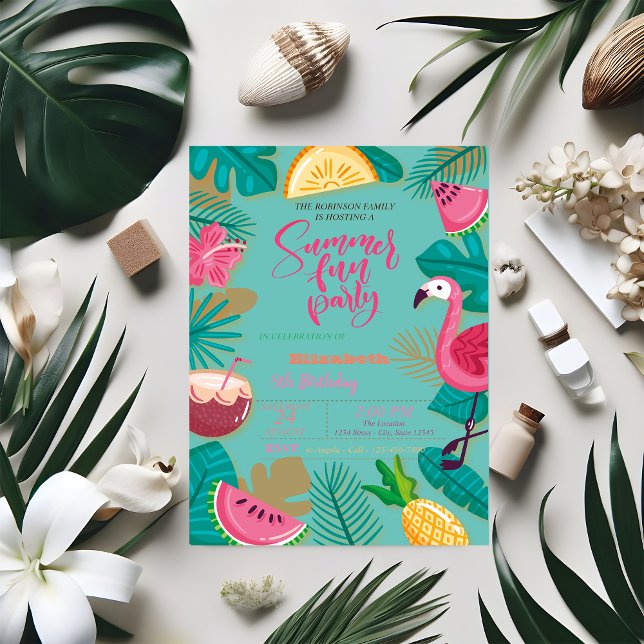 Summer, Fruits, Palm Leaf Flamingo Birthday Party Invitation (Creator Uploaded)