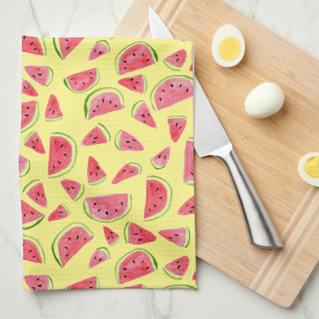 Summer Fruity Fun Watermelons Watercolor Yellow Tea Towel (Quarter Fold)
