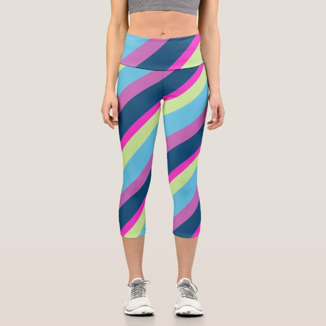 Summer fun Blue pink lime Colourful lines Capri Leggings (Front)