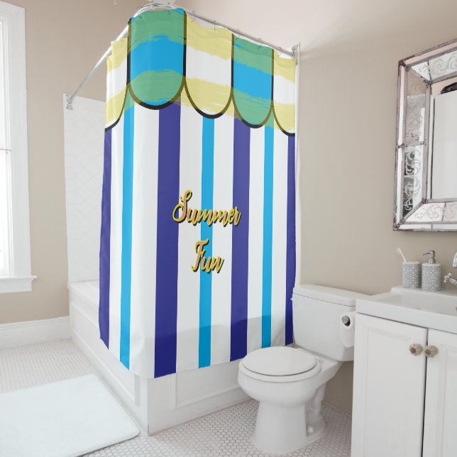 Summer Fun Blue Yellow Stripes Shower Curtain (In Situ)