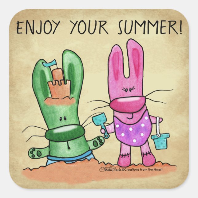 Summer Fun-Bunnies at Beach Square Sticker (Front)