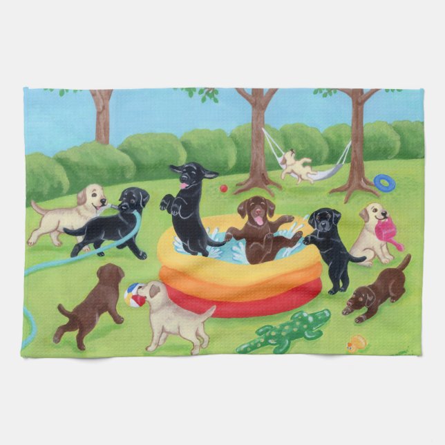 Summer Fun Labradors Painting Tea Towel (Horizontal)