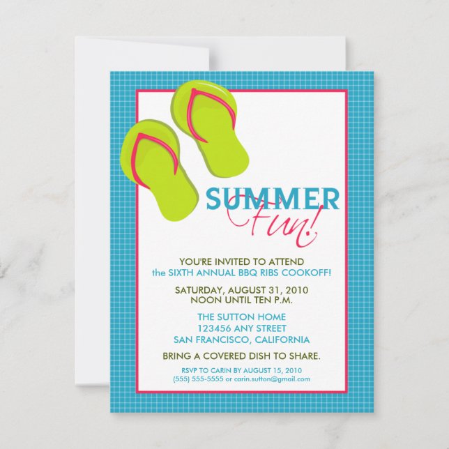 Summer Fun Picnic/BBQ Invitation (pink/aqua) (Front)