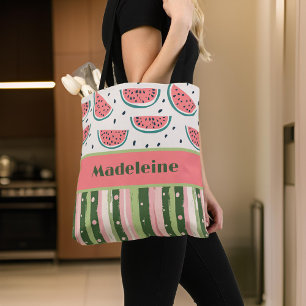 Summer Fun Pink Green Watermelon Stripes Monogram Tote Bag