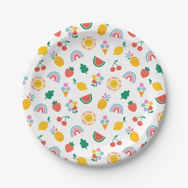 Summer Fun, Smiling Suns & Rainbows, Kids Birthday Paper Plate (Front)