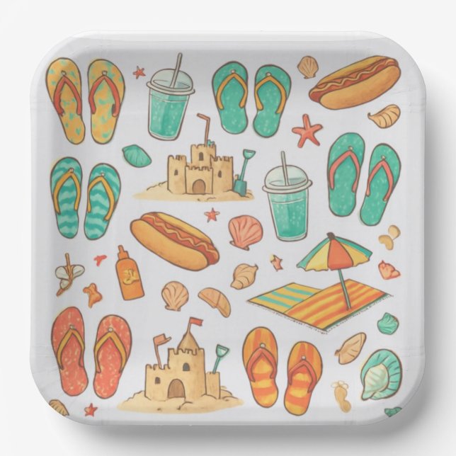 Summer Fun with Hot Dogs and Flip Flops Square Paper Plate (Front)