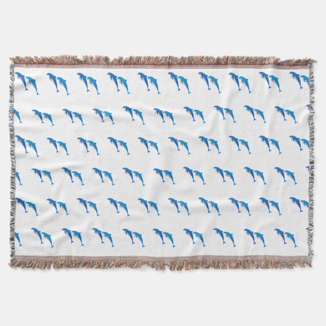 SUMMER, FUNNY GRAY AND BLUE DOLPHINS THROW BLANKET (Front)