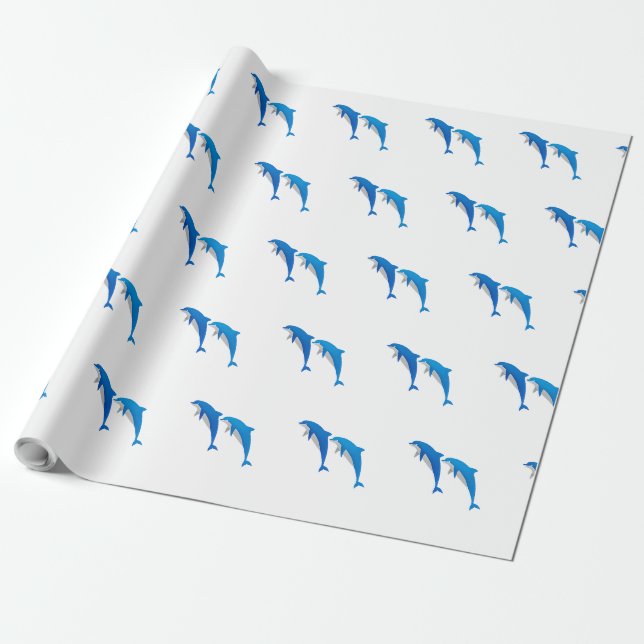 SUMMER, FUNNY GRAY AND BLUE DOLPHINS WRAPPING PAPER (Unrolled)