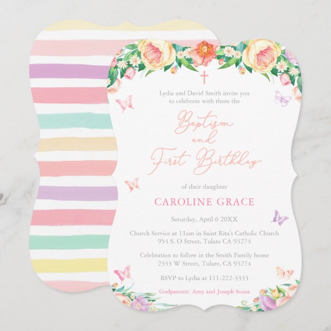 Summer Garden 1st Birthday Baptism Party for Girl Invitation (Front/Back)