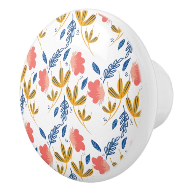 Summer Garden Blue Yellow Coral Florals Ceramic Knob (Right)