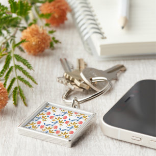 Summer Garden Blue Yellow Coral Florals  Key Ring