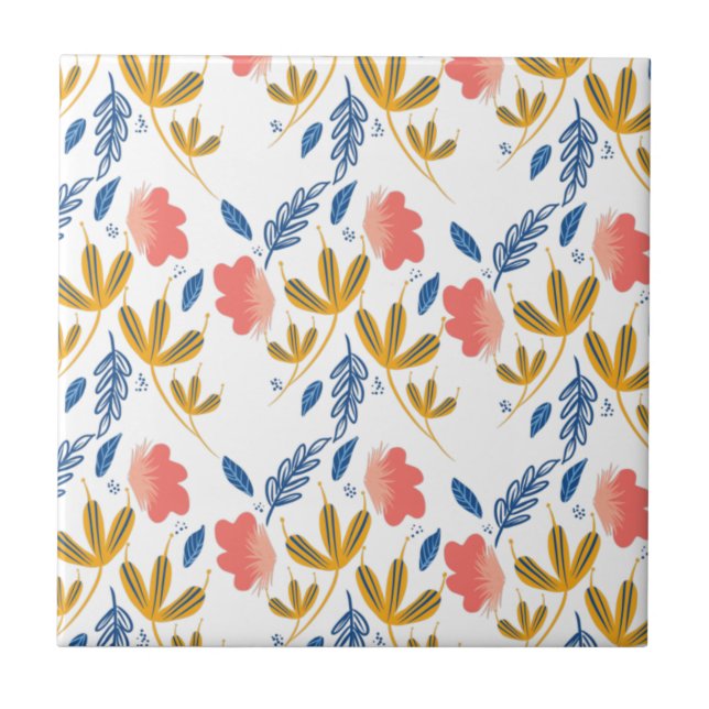Summer Garden Blue Yellow Coral Florals  Tile (Front)