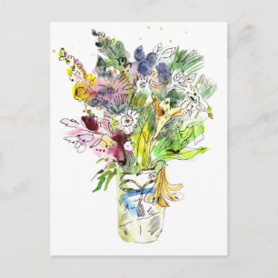 Summer Garden Bouquet Watercolor and Ink Postcard