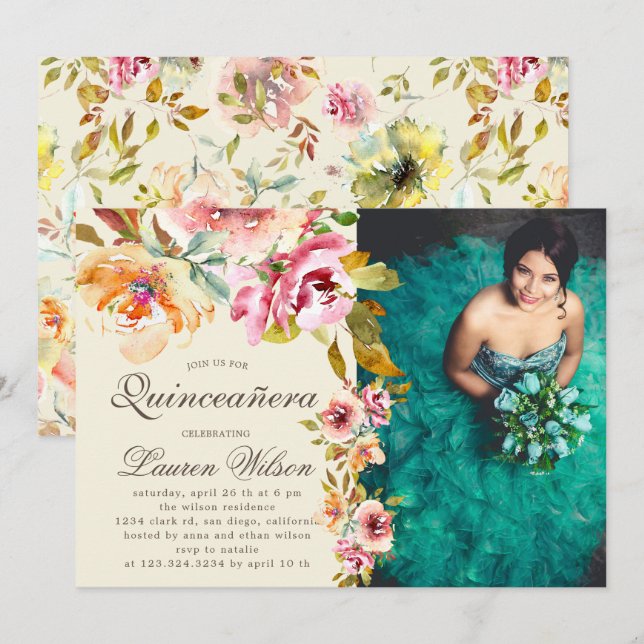 summer garden floral Quinceanera Photo Invitation (Front/Back)