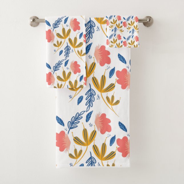 Summer Garden Florals Blue Coral Pink Greenery  Bath Towel Set (Insitu)