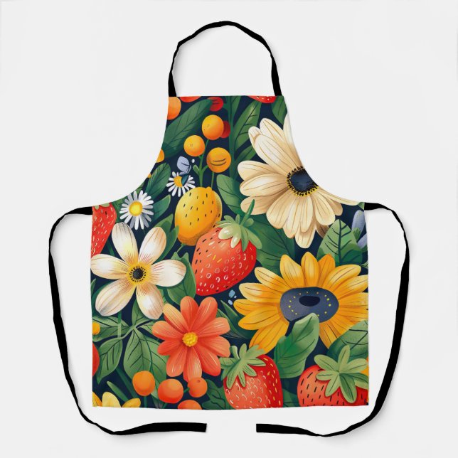 Summer Garden Flowers Strawberry Pattern Apron (Front)