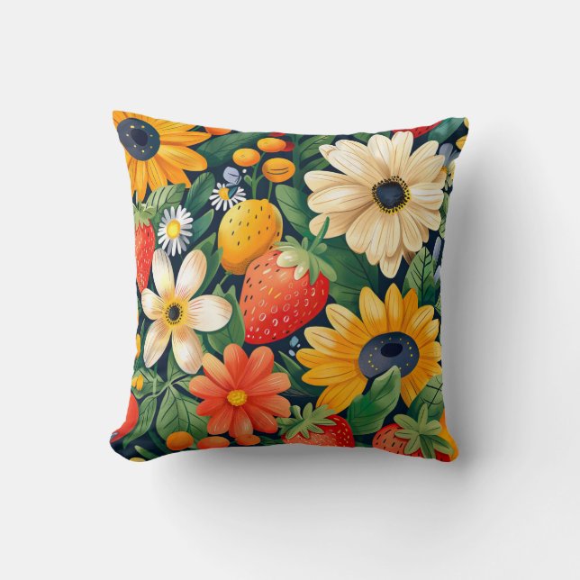 Summer Garden Flowers Strawberry Pattern Cushion (Front)