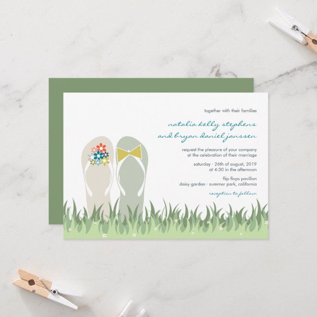 Summer Garden Grass Flowers Flip Flops Wedding Invitation (Front/Back In Situ)