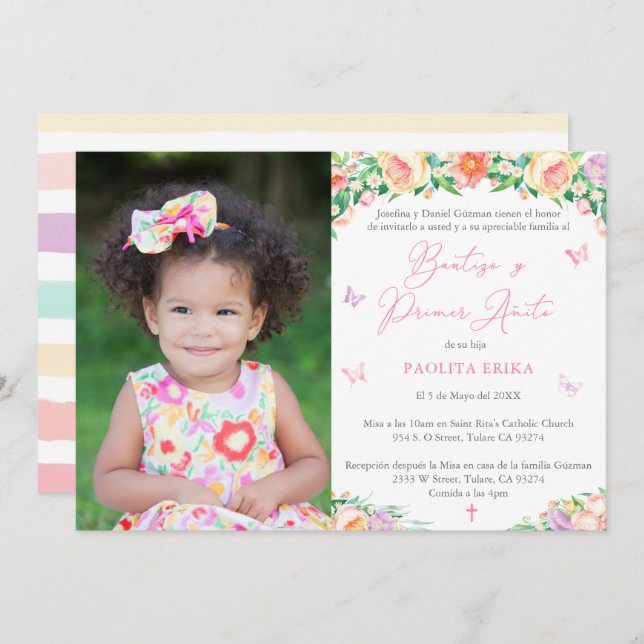 Summer Garden Latina Bautizo 1st Birthday Baptism Invitation (Front/Back)