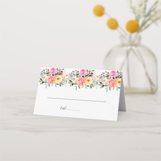 Summer Garden Watercolor Floral Wedding Place Card (Front)