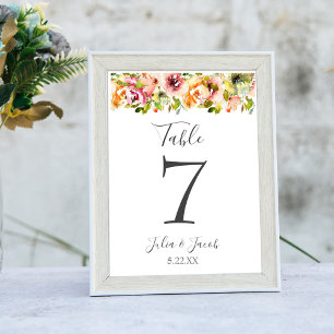 Summer Garden Watercolor Floral Wedding Table Numb Number
