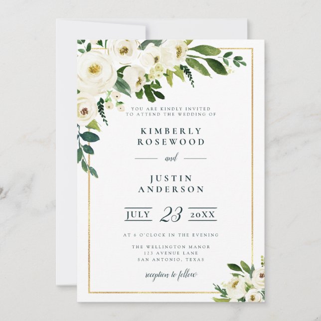 summer garden white florals wedding invitation (Front)