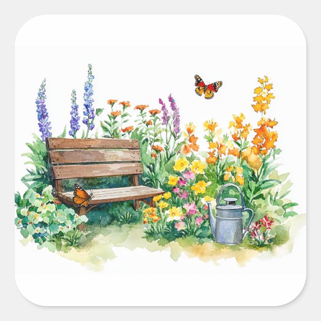 Summer Garden with Butterflies Square Sticker (Front)