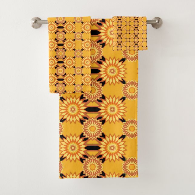 Summer geometric yellow and black flower pattern bath towel set (Insitu)